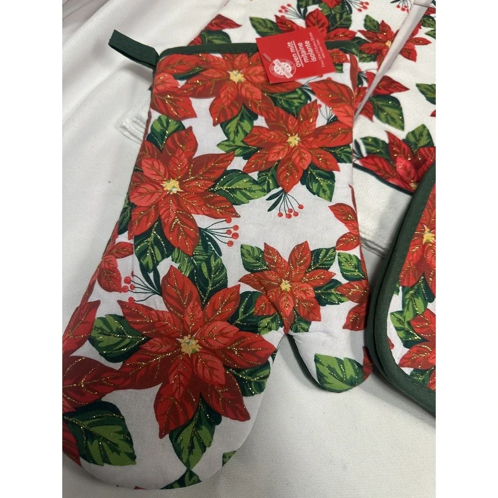 christmas‎ house kitchen set 2 towels 2 pot holders 1 oven mitt